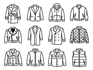 Line art outerwear set featuring various jackets and coats for fashion design