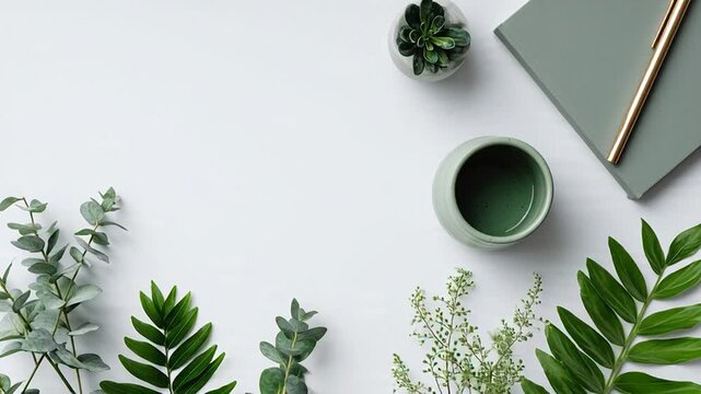 Green plants and cup on desk.
