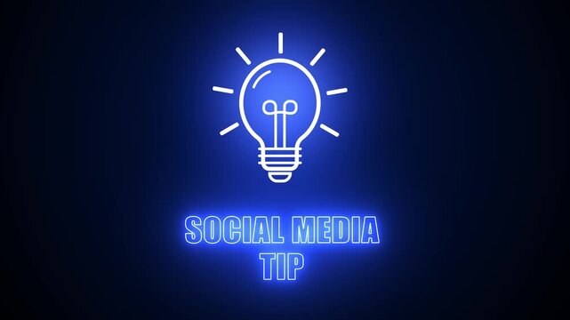 Social media tip text with blue neon light bulb icon on black background, representing platform growth, online engagement and networking strategies