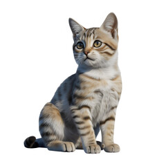 Obraz premium A cute tabby cat sitting and looking sideways isolated on transparent background with brown and black stripes.