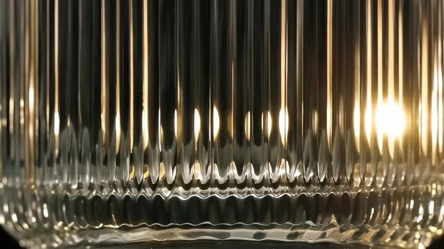 xtreme close-up slow motion of sunlight beam sweeping across reeded glass surface creating glowing lines. Realistic magnetizing tactile luxurious commercial.