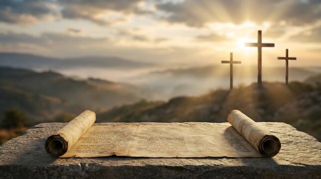 Christian background with open bible scroll on stone table, blurred three crosses on hill at sunrise, spiritual concept with copy space.