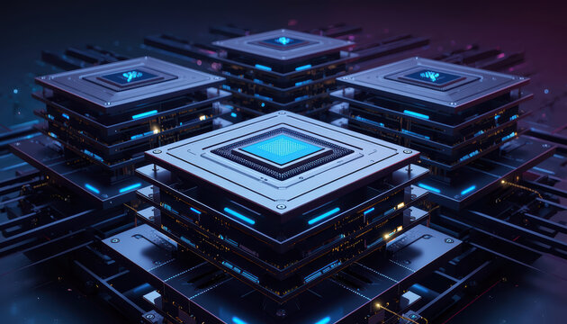 Futuristic quantum computing core with stacked processors and glowing blue circuitry
