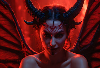 Female demon with dark horns and wings posing in red light