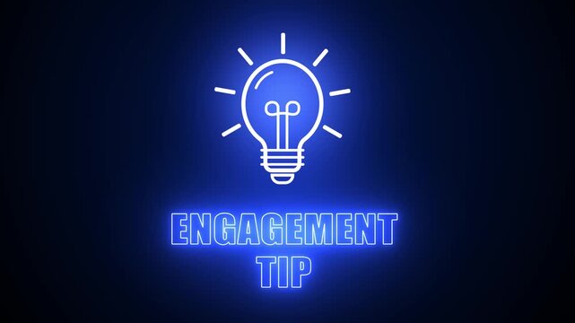 Engagement tip text with blue neon light bulb icon on dark background, representing social media growth, audience interaction and networking strategy