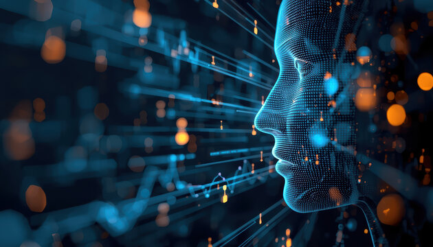 Digital human face made of blue data points with glowing orange nodes, futuristic AI insight