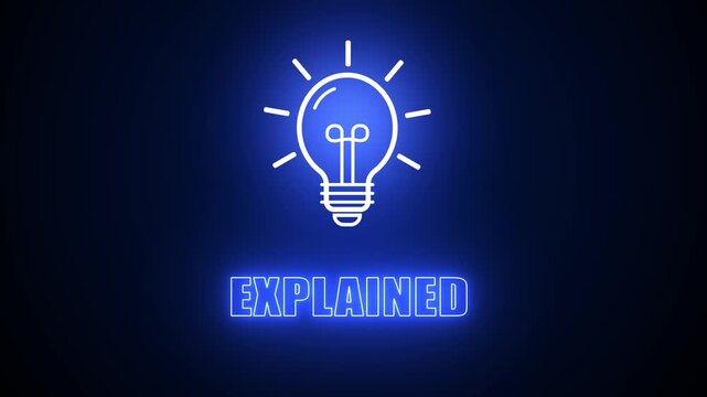 Explained text with blue neon light bulb icon on dark background, representing educational tutorials, clear definitions and complex topic simplification