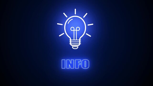 Info text with blue glowing neon light bulb icon on black background, representing general knowledge, verified data and essential information sharing