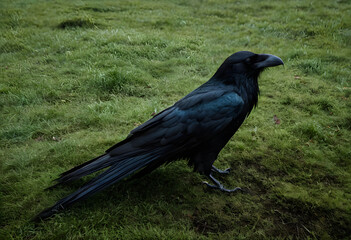 Obraz premium Raven bird standing on green grass field outdoors