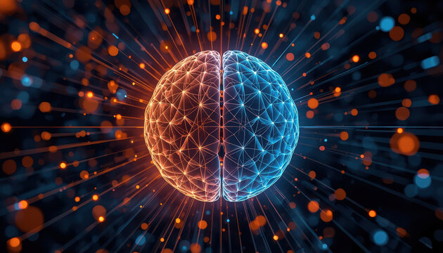Neural network brain split glowing blue orange, futuristic intelligence visualization