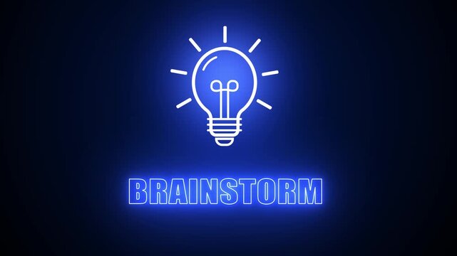 Brainstorm text with blue neon light bulb icon on dark background, representing creative group thinking, team collaboration and new idea generation