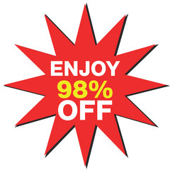 Red starburst with text Enjoy 98% Off on white background sale discount