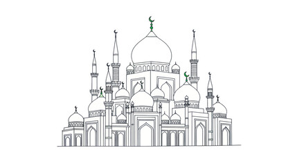 Obraz premium Detailed Hand-Drawn Sketch of a Grand Mosque with Multiple Domes and Minarets.