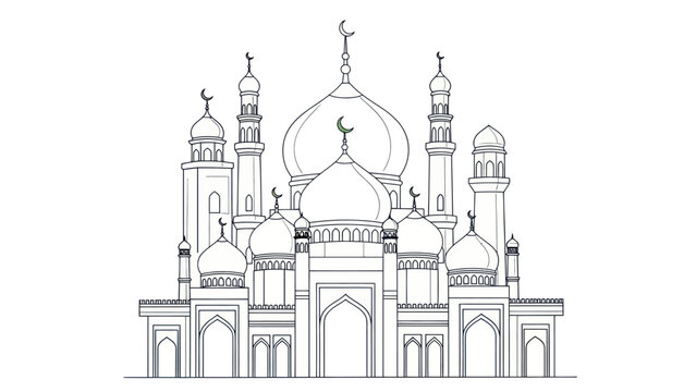 Detailed Line Art Drawing of a Grand Mosque with Multiple Domes and Minarets.