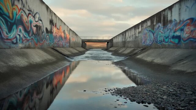 Concrete Water Channel Walls Covered in Graffiti Reflecting Cloudy Sunset Sky