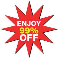 Red starburst with text Enjoy 99% Off on white background sale discount