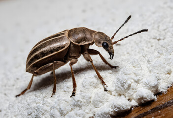 Obraz premium Weevil pest crawling on white flour surface