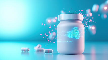Futuristic protein supplement jar with digital elements and floating capsules, showcasing innovation and health