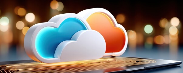3D illustration of a glowing blue and orange cloud icon on a digital circuit surface