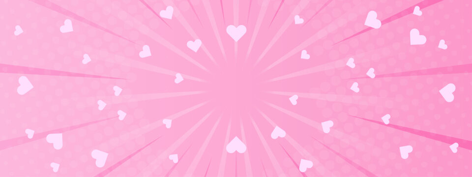 Energetic pink sunburst background with halftone dots and scattered hearts in a pop art style