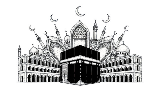 Hand-drawn illustration of the Kaaba surrounded by mosque architecture and crescent moons.