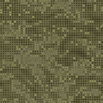 Halftone seamless camouflage texture. Dot pattern in dark khaki green colors, camo digital three color background. Vector wallpaper