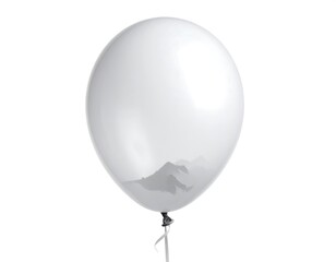 A single, inflated balloon with a smooth white surface, featuring a minimalist mountain range illustration. Its string hangs beneath, isolated
