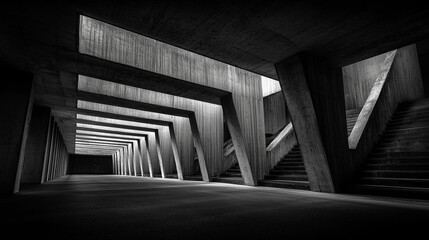 Naklejka premium Modern Concrete Architecture with Dramatic Lighting and Geometric Lines