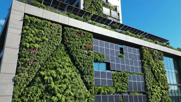 Sustainable building with green wall and solar panels.