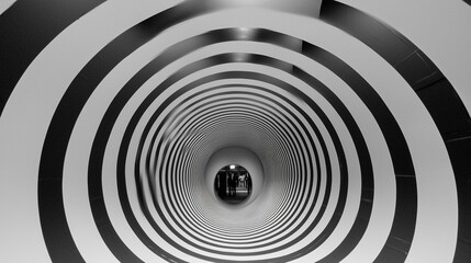 Obraz premium Hypnotic Monochrome Spiral Tunnel with Concentric Circles in Modern Art Installation