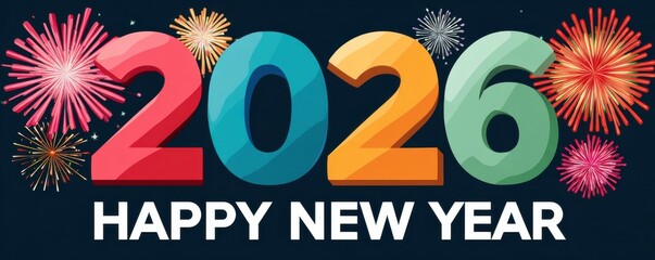 Bright 2026 new year celebration with colorful numbers and fireworks imagery