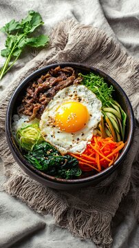 A vibrant bowl of bibimbap featuring rice, vegetables, beef, and a sunny-side-up egg, garnished with sesame seeds.