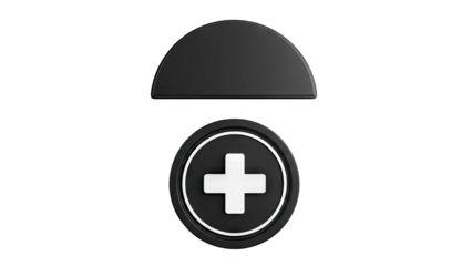 3D Rendered Black Plus Sign Icon and Semi-Circle Element