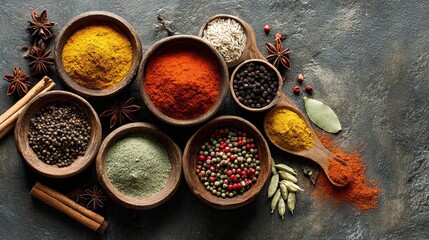 A vibrant display of various spices in wooden bowls, showcasing a rich palette of colors and textures, set against a textured background.