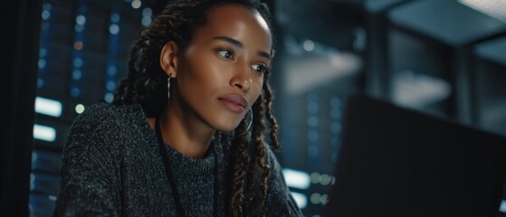 Woman working on computer at data center technology dark environment