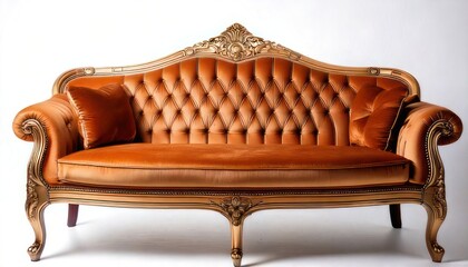 Elegant orange velvet tufted sofa with ornate gold trim and detailing.