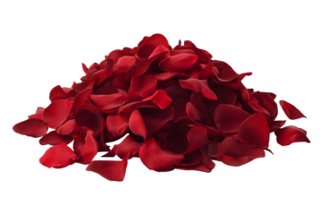Heap of red rose petals for Valentine decoration, isolated on transparent background