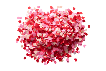 Pile of heart confetti in red pink and white for Valentine, isolated on transparent background