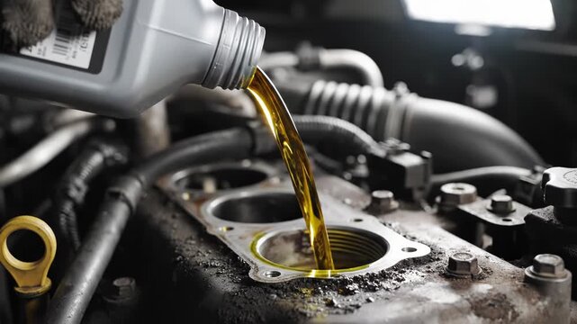 Mechanic pouring motor oil into car engine during maintenance