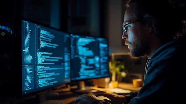 Man working on computer screens coding.