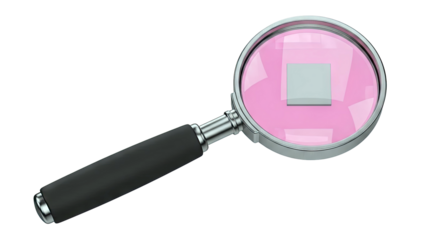 Magnifying glass examining a pink surface with a gray square