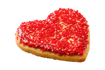 Heart shaped cookie with red icing and sprinkles for Valentine, isolated on transparent background