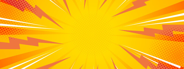 Dynamic yellow and orange comic style background with sunburst rays and lightning bolt elements © SyahCreation
