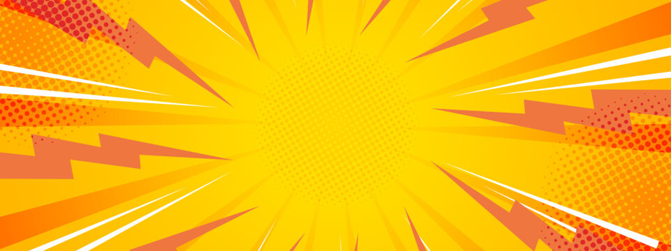 Dynamic yellow and orange comic style background with sunburst rays and lightning bolt elements