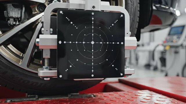 A vehicles wheel alignment being checked on a red lift in a garage or workshop setting