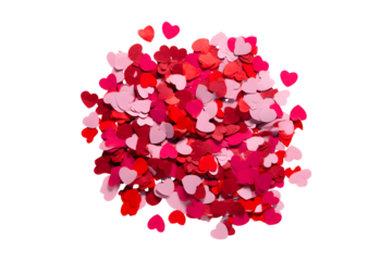 Pile of heart confetti in red pink and white for Valentine, isolated on transparent background