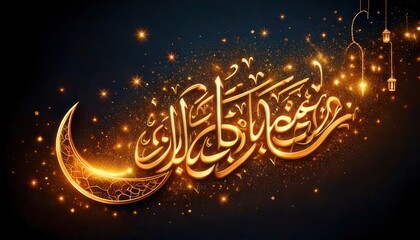 Elegant Ramadan Kareem Calligraphy with Crescent Moon and Lanterns.