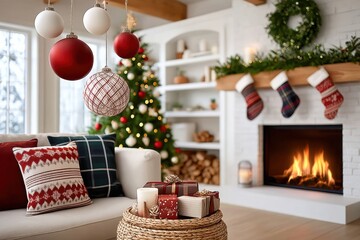 Naklejka premium Cozy Christmas living room with a lit fireplace, stockings, and festive decorations for family
