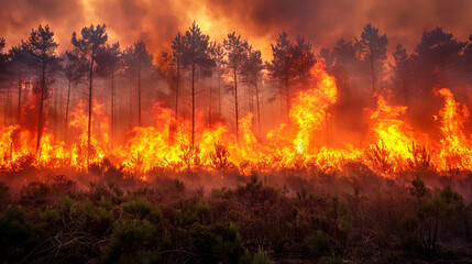Intense Forest Fire with Tall Flames and Heavy Smoke in a Dense Woodland Area