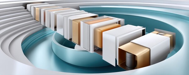 Futuristic circular mechanism with white and gold modules arranged in a sleek modern design